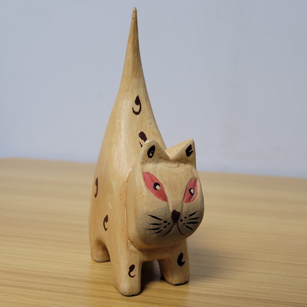 Wooden Cat Folk Art Ring Holder Carved Painted Long Tail Vintage